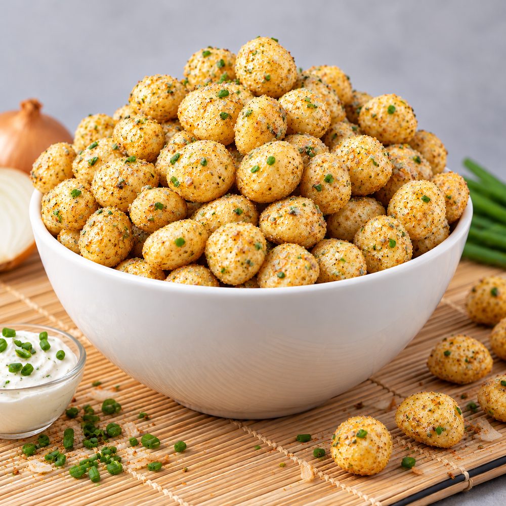 A bowl of Onion & Cream protein puffs